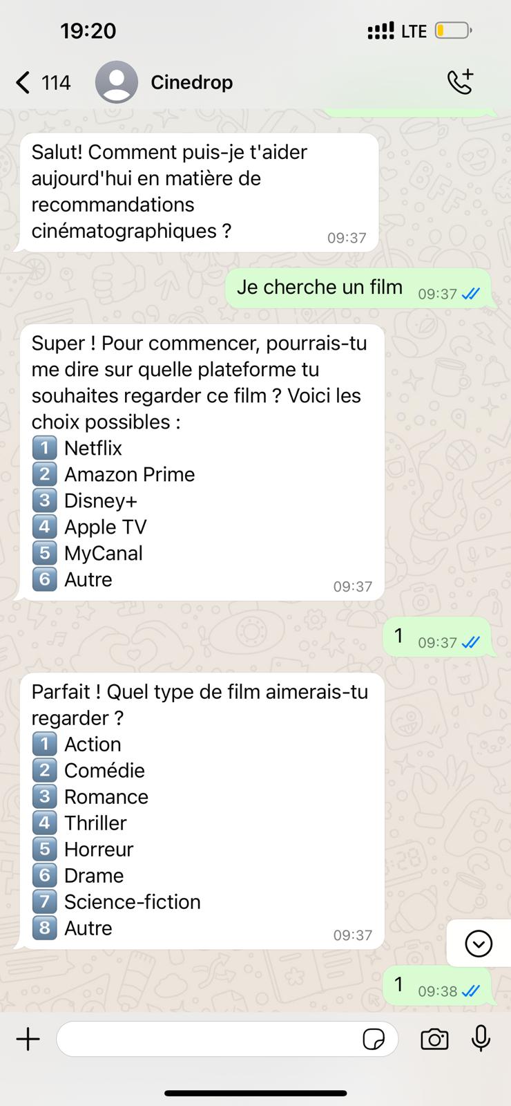 Conversation WhatsApp CineDrop